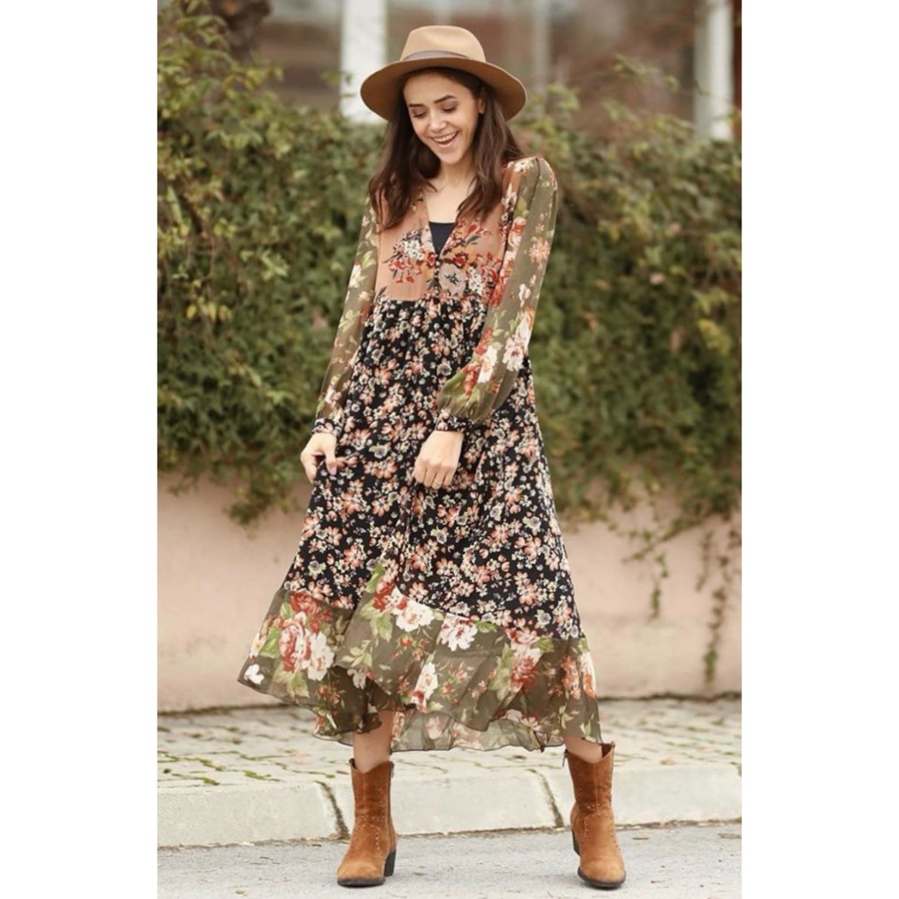 Zara bohemian patchwork floral midi dress tan